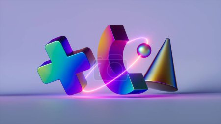 Foto de 3d render, fondo abstracto con formas geométricas coloridas, objetos metálicos holográficos iridiscentes con anillo de neón rosa - Imagen libre de derechos