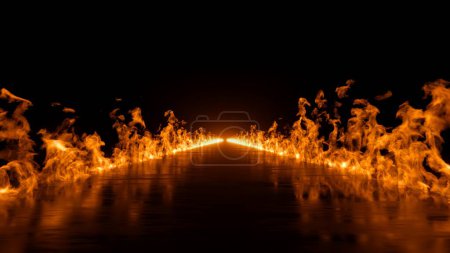 Foto de 3d renderizado, llamas ardientes y carretera en llamas sobre fondo negro - Imagen libre de derechos