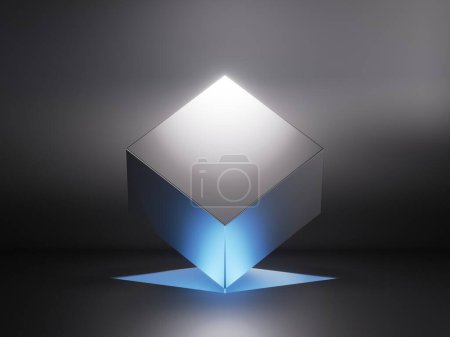 Foto de 3d render, fondo geométrico abstracto con cubo de metal levitante iluminado con luz de neón azul - Imagen libre de derechos