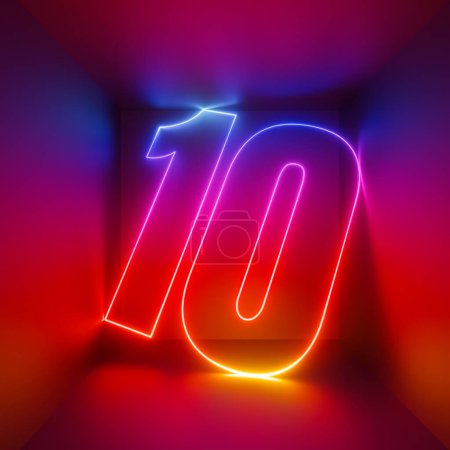 Foto de 3d rendering, rojo azul neón número diez, símbolo digital dentro de la caja cuadrada que brilla en la luz infrarroja - Imagen libre de derechos