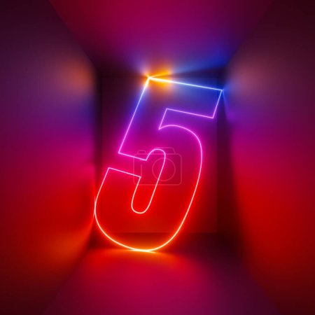 Foto de 3d rendering, rojo azul neón número cinco, símbolo digital dentro de la caja cuadrada que brilla en la luz infrarroja - Imagen libre de derechos