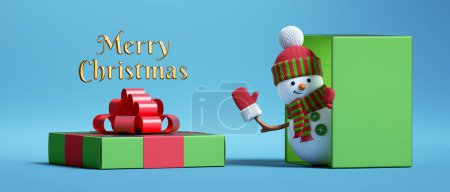 Photo for 3d render, Christmas banner, snowman toy inside the gift box, isolated on blue background - Royalty Free Image