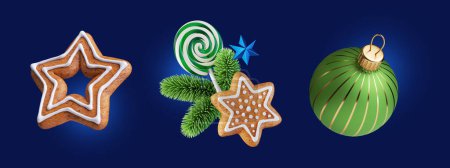Foto de 3d render, conjunto de clip art de Navidad aislado sobre fondo azul. Decoración festiva, adornos, abeto verde, bola de vidrio y galleta de jengibre - Imagen libre de derechos