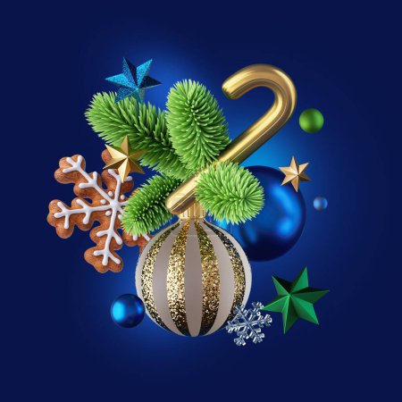 Foto de 3d render, adornos de Navidad, abeto verde, bola de vidrio y galleta de jengibre. Clip art festivo aislado sobre fondo azul - Imagen libre de derechos
