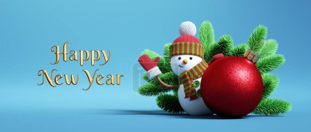 Foto de 3d render, Feliz Año Nuevo texto dorado, muñeco de nieve juguete con ramas de abeto verde y adorno de bola de vidrio rojo aislado sobre fondo azul - Imagen libre de derechos