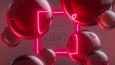 Foto de 3d render, fondo geométrico abstracto con bolas de vidrio y marco cuadrado de neón brillante, rayos láser - Imagen libre de derechos