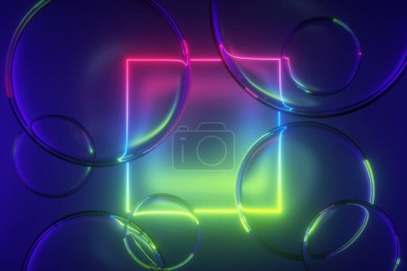 Foto de 3d render, fondo de neón colorido abstracto con marco cuadrado y bolas de vidrio. Forma geométrica brillante y burbujas claras - Imagen libre de derechos