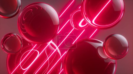 Foto de 3d render, fondo abstracto de neón con bolas de vidrio y líneas láser, luz infrarroja brillante - Imagen libre de derechos