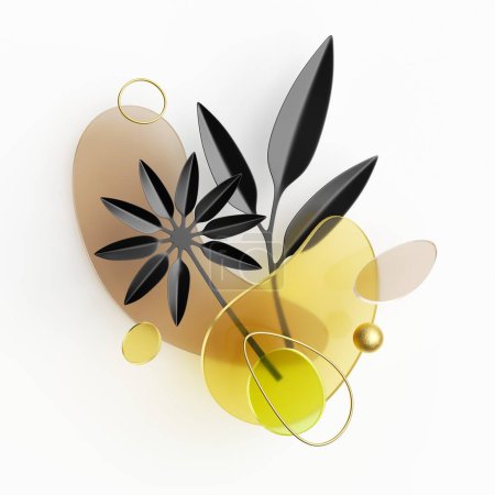 Foto de 3d render, fondo geométrico abstracto con surtido de hojas tropicales cortadas de papel negro, alambre dorado y formas de vidrio de colores - Imagen libre de derechos