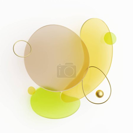 Foto de 3d renderizado, fondo geométrico abstracto con formas de vidrio de colores y alambre dorado - Imagen libre de derechos