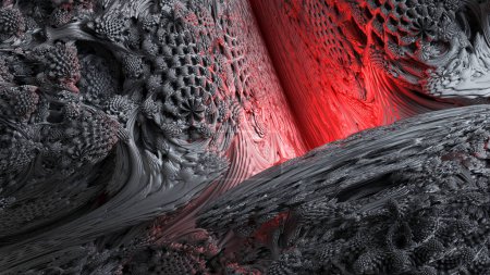 3D-Render, abstrakter fraktaler Hintergrund, mikrobiologische Formen, Makro-Natur organisches Muster, Quantenwelt Tapete beleuchtet mit rotem Neonlicht