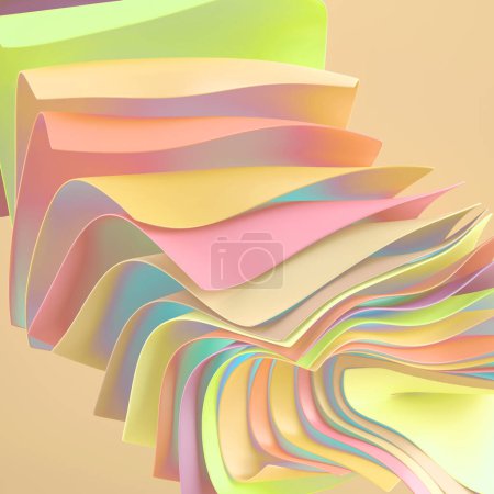 Foto de 3d render, fondo colorido abstracto con hojas de papel levitantes. Papel pintado de moda. Coloridas muestras holográficas pastel - Imagen libre de derechos