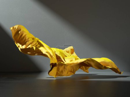 Foto de 3d render. Fondo de moda abstracto con tela amarilla que cae al suelo dentro de la habitación oscura iluminada con rayos de luz. Tejido de seda es soplado por el viento - Imagen libre de derechos