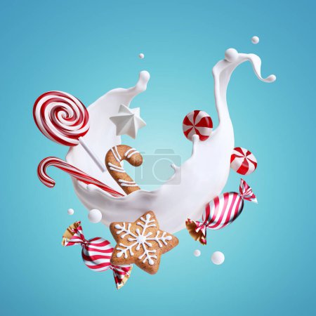 Foto de 3d render, ilustración de comida de Navidad. Las galletas de jengibre y los caramelos de caramelo levitan alrededor de las salpicaduras de leche aisladas sobre un fondo azul. Salpicaduras blancas ola líquida y dulces - Imagen libre de derechos
