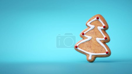 Rendez-vous en 3D, biscuit au pain d'épice en forme de sapin. Biscuit au four décoré de glaçage. Clip art alimentaire traditionnel de Noël isolé sur fond bleu