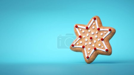3D-Render, sternförmige Lebkuchen mit Glasur verziert. Gebackener Keks. Traditionelles Weihnachtsessen Clip Art isoliert auf blauem Hintergrund