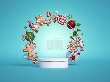 Photo for 3d render, Christmas showcase mockup. Empty podium, stage or vacant pedestal. Round frame decorated with gingerbread cookies, balls, ornaments and candies isolated on blue background - Royalty Free Image