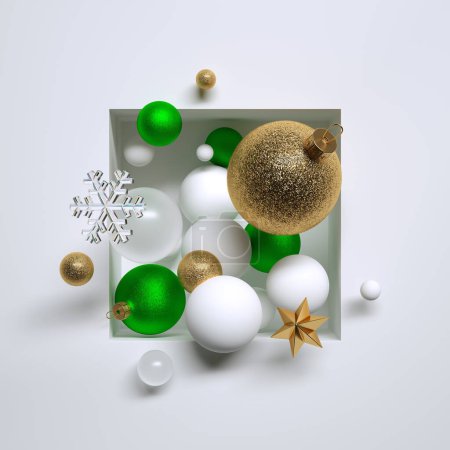 3d render, Christmas green and gold glass balls, ornaments, crystal snowflakes and stars, placed inside square niche. Abstract festive geometric background