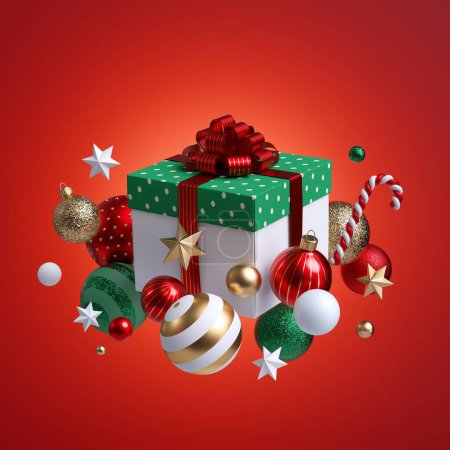 3d render. Christmas ornaments and gift box isolated on red background. Bunch of green gold balls, white stars, candy cane. Seasonal festive clip art. Greeting card. Abstract holiday concept.
