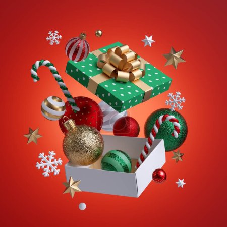 3d Christmas ornaments, glass balls falling out, open white wrapped box with golden ribbon bow. Winter holiday package. Levitating objects. Seasonal decor, festive clip art isolated on red background