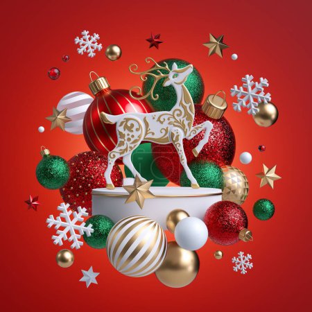 3d Christmas ornaments isolated on red background. Decorative reindeer standing on white pedestal surrounded with golden green glass balls. Holiday poster. Seasonal clip art. Greeting card template