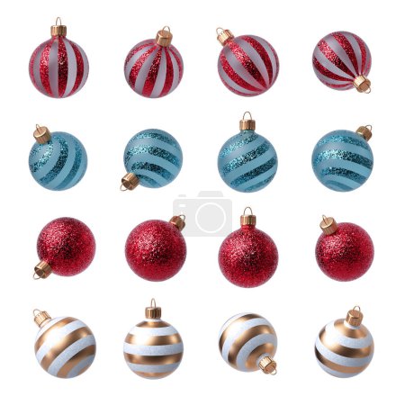 Photo for 3d Christmas tree ornaments. Set of assorted glass balls. Winter holiday clip art, isolated on white background. Objects in different positions, points of view. - Royalty Free Image