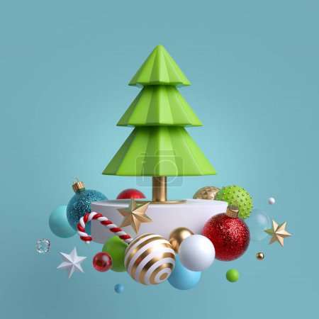 3d Christmas fir tree decorated with ornaments, isolated on blue background. Winter holiday decor: festive glass balls, golden stars, candy cane, snowballs. Composition of levitating objects