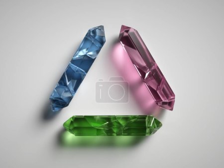 Photo for 3d render, spiritual crystals isolated on white background, reiki healing quartz, mystical triangle, rough nuggets, faceted fashion gemstones, semiprecious gems, triangular frame, blank space - Royalty Free Image