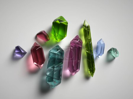 3d render, colorful spiritual crystals isolated on white background, reiki healing minerals, rough nuggets, faceted fashion gemstones, green purple quartz, semiprecious gems