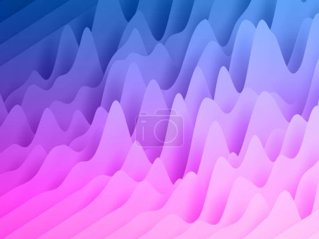 3D-Render, abstrakte Papierformen Hintergrund, helle bunte geschnittene Schichten, rosa blaue Wellen, Hügel, Equalizer
