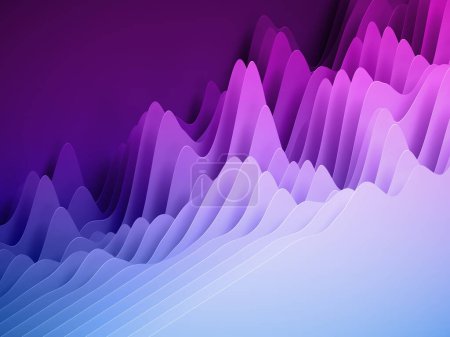 Foto de 3d render, abstracto papel formas fondo, capas en rodajas de colores brillantes, ondas púrpuras, colinas, ecualizador - Imagen libre de derechos