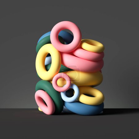 3d colorful geometric shapes isolated on black, torus and rings, abstract background, stack of donuts, assorted primitives