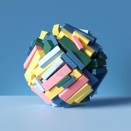 Foto de Bola 3d combinada de bloques coloridos mixtos, cajas y cubos, formas geométricas aisladas en azul, fondo abstracto, pila de juguetes, primitivos surtidos - Imagen libre de derechos