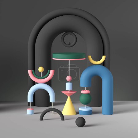 3d formes géométriques primitives, fond abstrait, jouets colorés, installation postmoderne, composition inspirée de memphis, structure asymétrique ludique créative