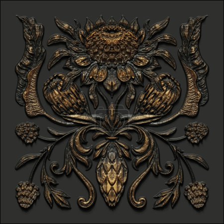 Photo for 3d render, black gold antique floral carving, embossing, aged metallic tile, embossed botanical pattern, medieval ornament, ancient ironwork, tropical flowers and leaves motif - Royalty Free Image