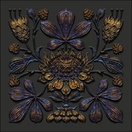 Photo for 3d render, black gold antique floral carving, aged metallic tile, botanical pattern, medieval ornament, ancient ironwork, tropical flowers and leaves motif - Royalty Free Image