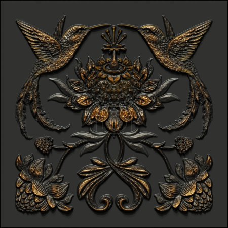 Photo for 3d render, black gold antique floral carving, hummingbirds, tropic birds, aged metallic tile, embossed botanical pattern, medieval ornament, ancient ironwork, tropical flowers and leaves motif - Royalty Free Image