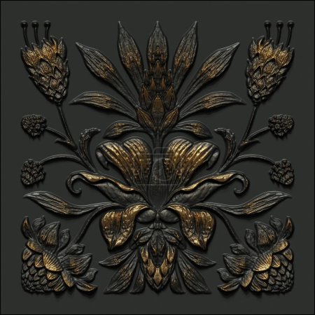 Photo for 3d render, abstract black gold vintage floral background, medieval botanical pattern, forged metallic tile, ancient ironwork, tropical flowers and leaves motif, decorative classic ornament - Royalty Free Image