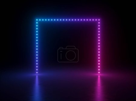 3D-Render, abstrakter neongeometrischer Hintergrund, rosafarbener blau leuchtender quadratischer Rahmen, beleuchtet mit Punktlichtern, Reflexion am Boden. Moderne, leere Bühne, minimalistisches Design