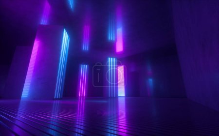 Photo for 3d render, blue pink violet neon abstract background, ultraviolet light, night club empty room interior, tunnel or corridor, glowing panels, fashion podium, performance stage decorations, - Royalty Free Image