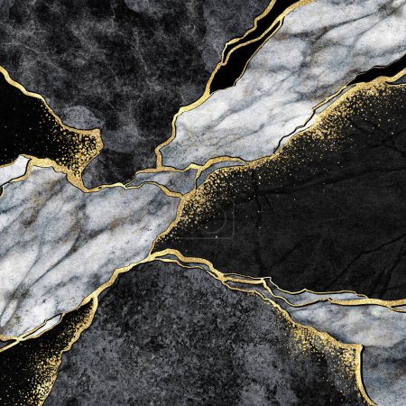 abstract background, black and white marble mosaic with golden veins, japanese kintsugi technique, fake painted artificial stone texture, marbled surface, digital marbling illustration