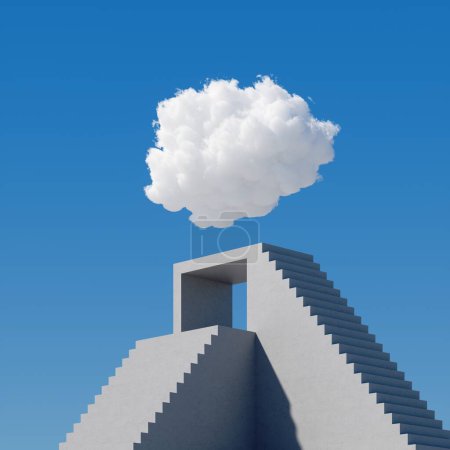 Photo for 3d render, abstract cloudscape on a sunny day, white cloud levitates above the concrete stairs, cumulus on blue sky. Modern minimal surreal background, dream concept, challenge metaphor - Royalty Free Image