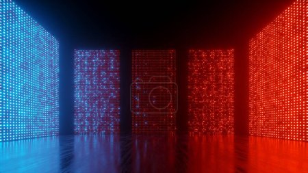 3D-Renderer, abstrakter Hintergrund mit im dunklen, rot-blauen Farbverlauf leuchtenden Neonpaneelen
