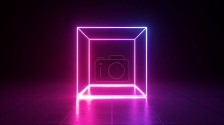 Téléchargez les photos : Rendu 3d, fond ultraviolet géométrique abstrait, cube lumineux néon, cadre carré à l'intérieur de la pièce vide sombre - en image libre de droit