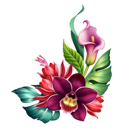 Foto de Ilustración floral de ramo de colores con flores tropicales y hojas verdes. Elemento de diseño de esquina botánica aislado sobre fondo blanco - Imagen libre de derechos