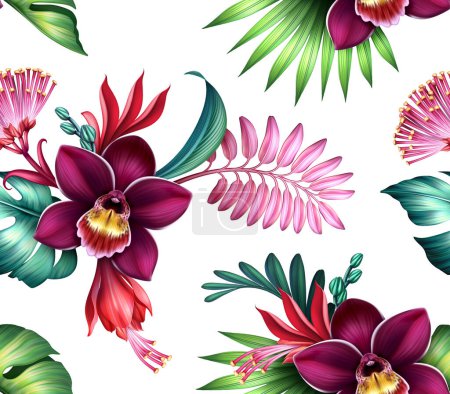 Foto de Patrón floral sin costuras, flores tropicales surtidos y hojas aisladas sobre fondo blanco, fondo de pantalla con orquídeas - Imagen libre de derechos