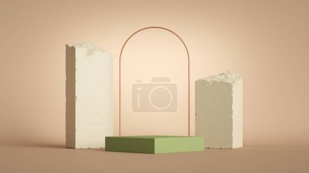 Foto de 3d render, abstracto moderno mínimo fondo beige con podio verde vacío, arco de oro y piedras rotas y rocas. Escena del escaparate para la presentación del producto - Imagen libre de derechos