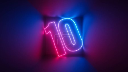Foto de 3d render, rosa azul neón número diez, símbolo digital dentro de la caja cuadrada que brilla en la luz ultravioleta - Imagen libre de derechos