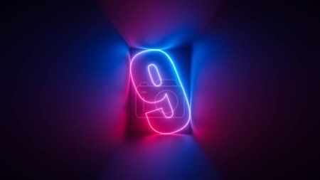 Foto de 3d render, rosa azul neón número nueve, símbolo digital dentro de la caja cuadrada que brilla en la luz ultravioleta - Imagen libre de derechos