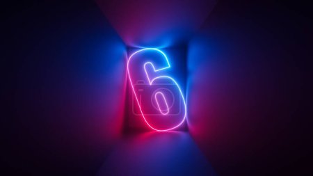Foto de 3d render, rosa azul neón número seis, símbolo digital dentro de la caja cuadrada que brilla en la luz ultravioleta - Imagen libre de derechos